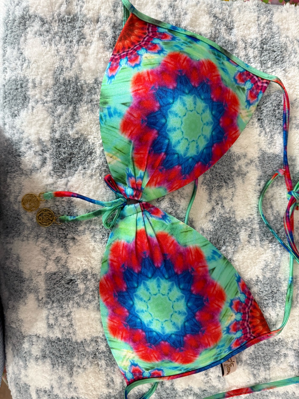 Luli Fama Green Blue Red Tie-Dye Triangle Bikini Top